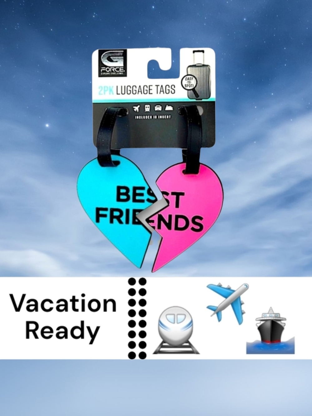 Force1 Best Friends Heart Luggage Tags - Blue & Pink Split Design